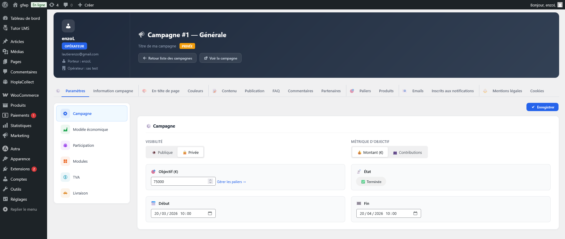 Dashboard admin complet